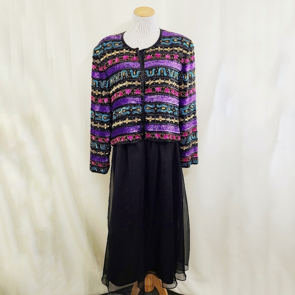 Vintage 80s silk rainbow beaded jacket and skirt set size 16